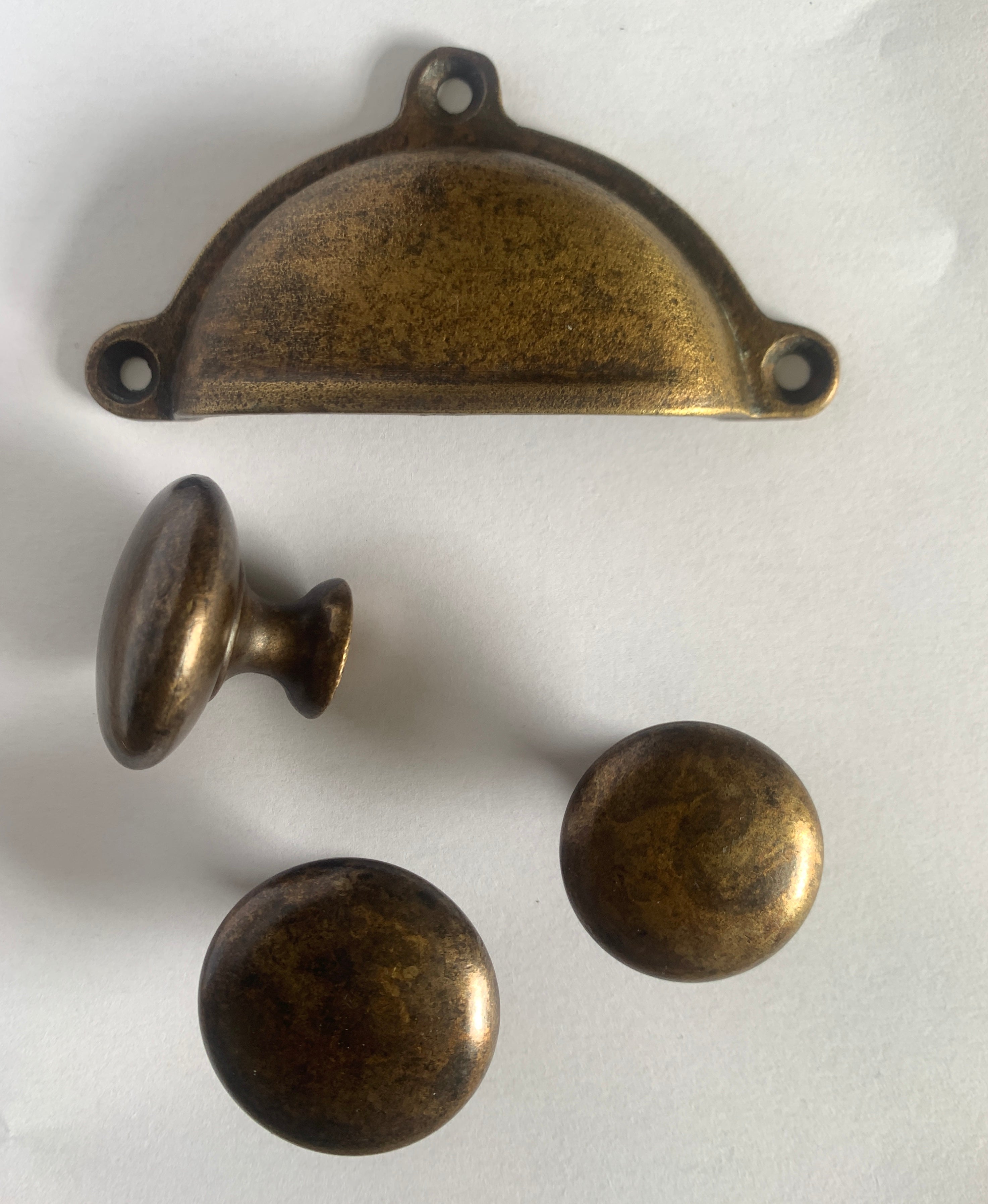 Aged brass finish drawer pull, front fix.