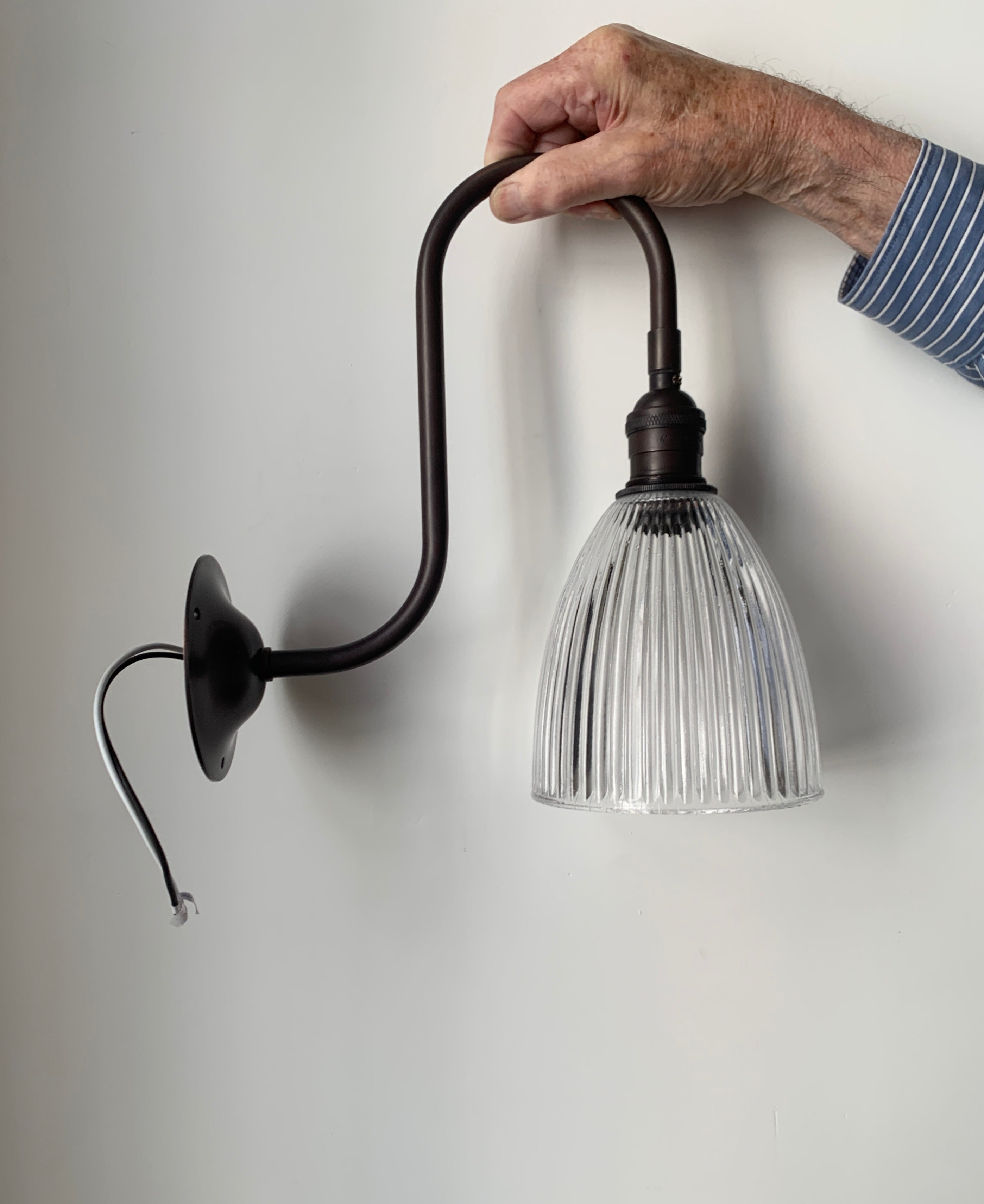 Swan Neck Wall Light, Aged Bronze, Ribbed Bell Shade WIRED FOR NORTH AMERICA