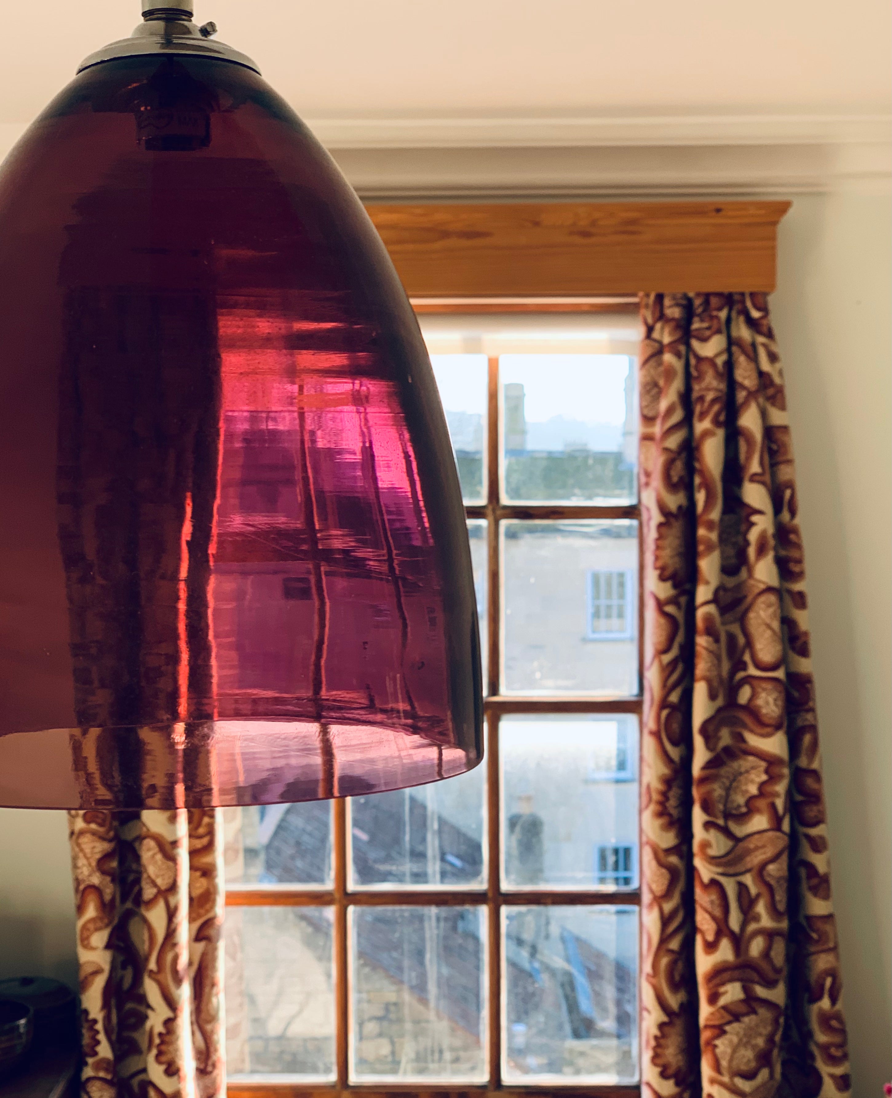 Hand Blown Bell Pendant with Aubergine Glass and Black Flex, 8 inch Diameter