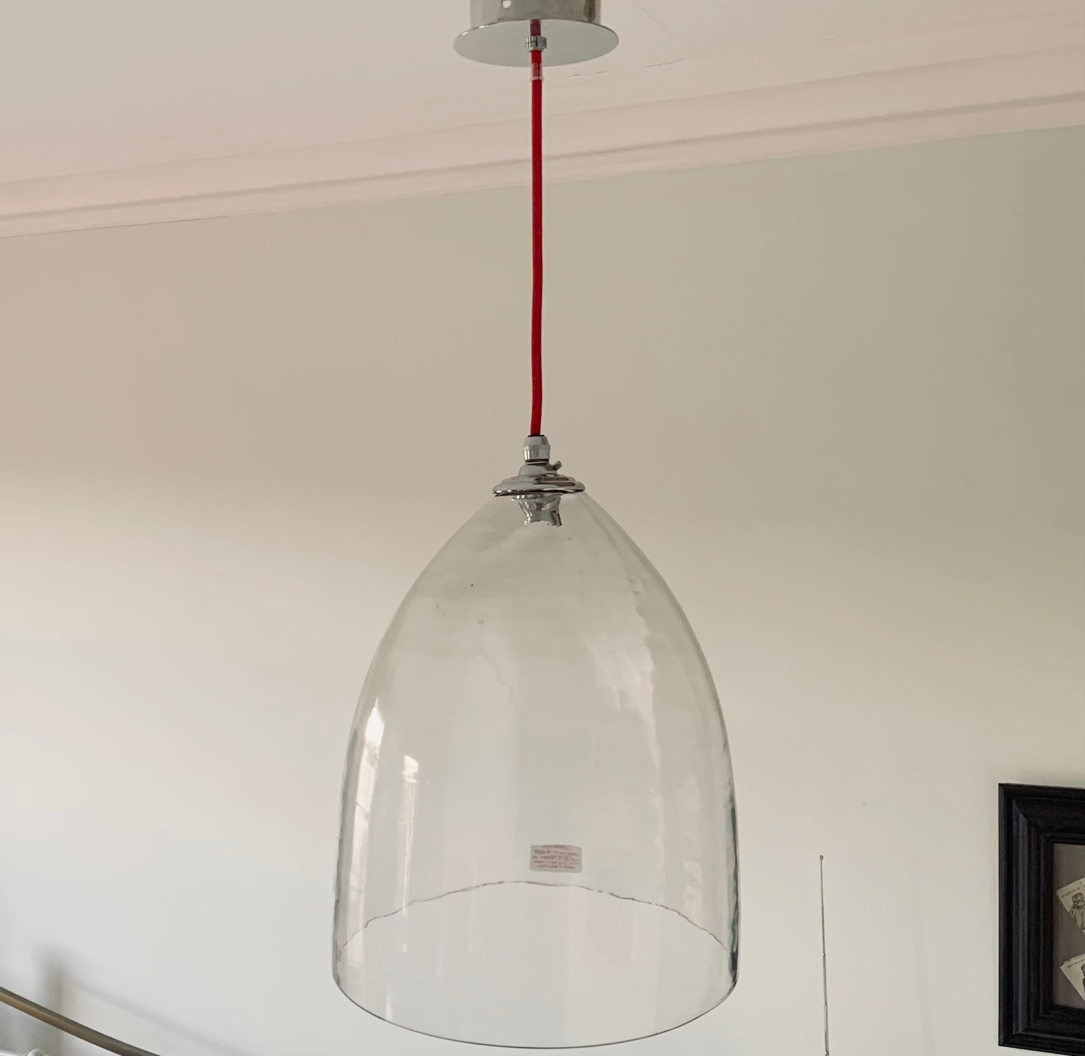 SALE Hand Blown Clear Glass Bell Pendant with Red Flex , 10.5 inch Diameter