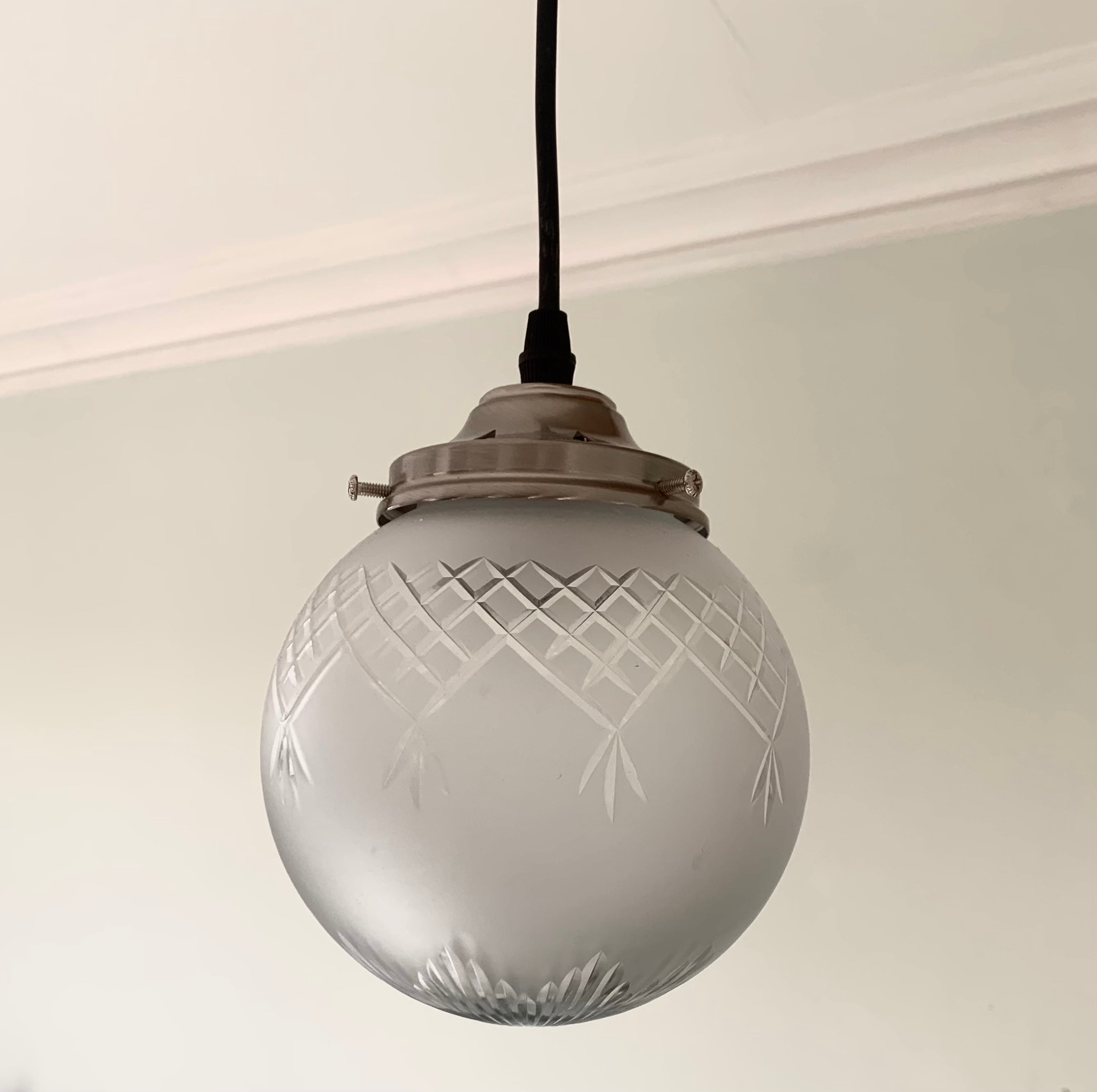 6 inch Globe Pendant Frosted Cut Glass, Chrome Metal