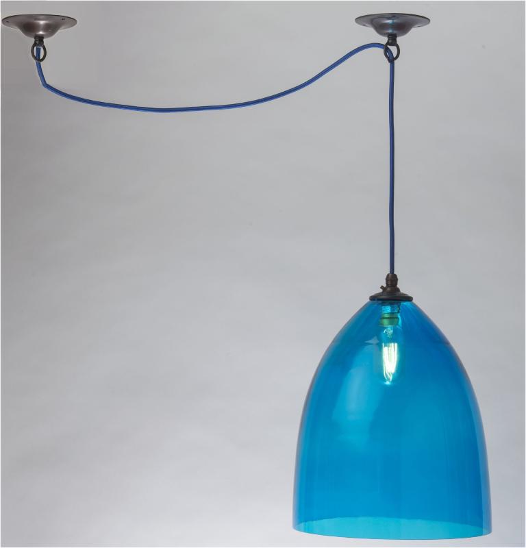 Hand Blown Bell Pendant with Sky Blue Glass, 10.5 inch Diameter
