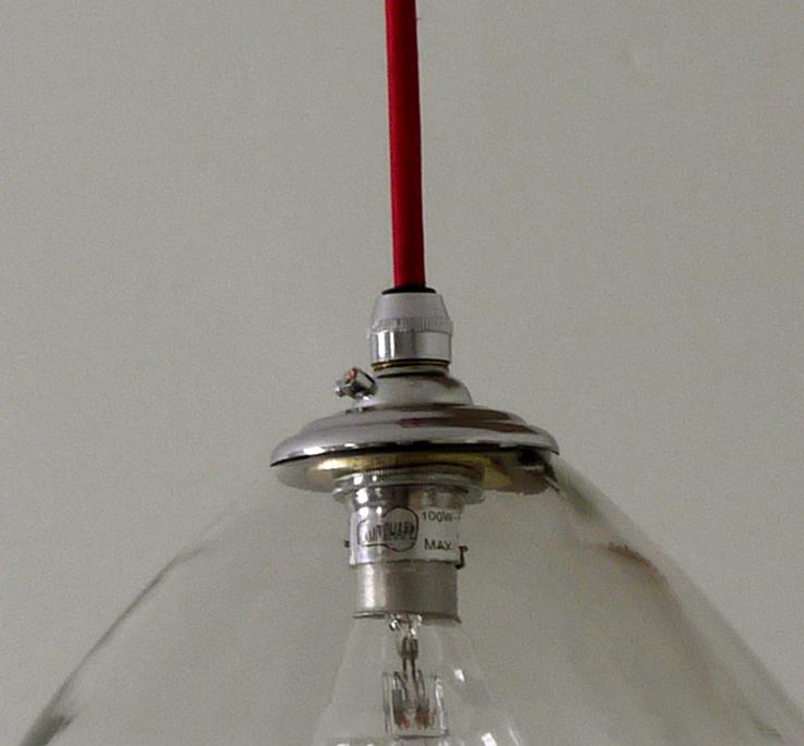 SALE Hand Blown Clear Glass Bell Pendant with Red Flex , 10.5 inch Diameter
