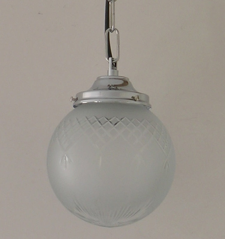6 inch Globe Pendant Frosted Cut Glass, Chrome Metal