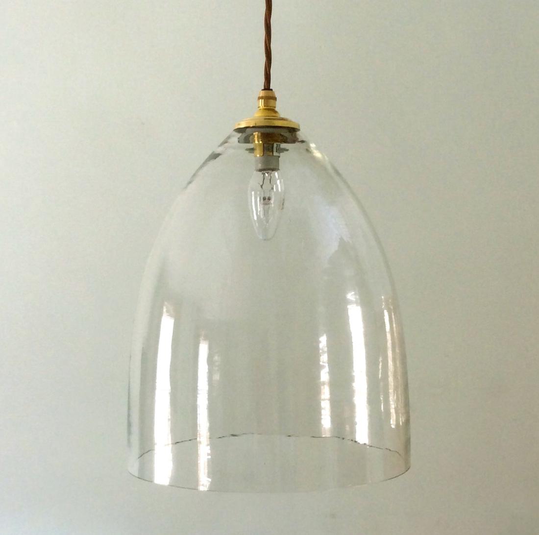 Hand Blown Bell Pendant with Clear Glass, Polished Brass Fittings and Bronze Flex , 10.5 inch Diam.