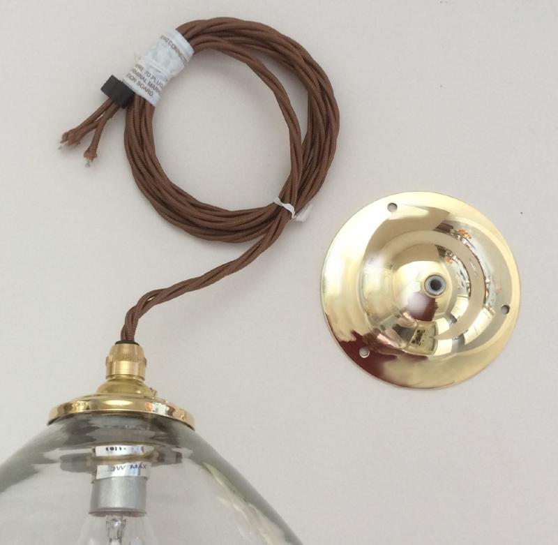 Hand Blown Bell Pendant with Clear Glass, Polished Brass Fittings and Bronze Flex , 10.5 inch Diam.