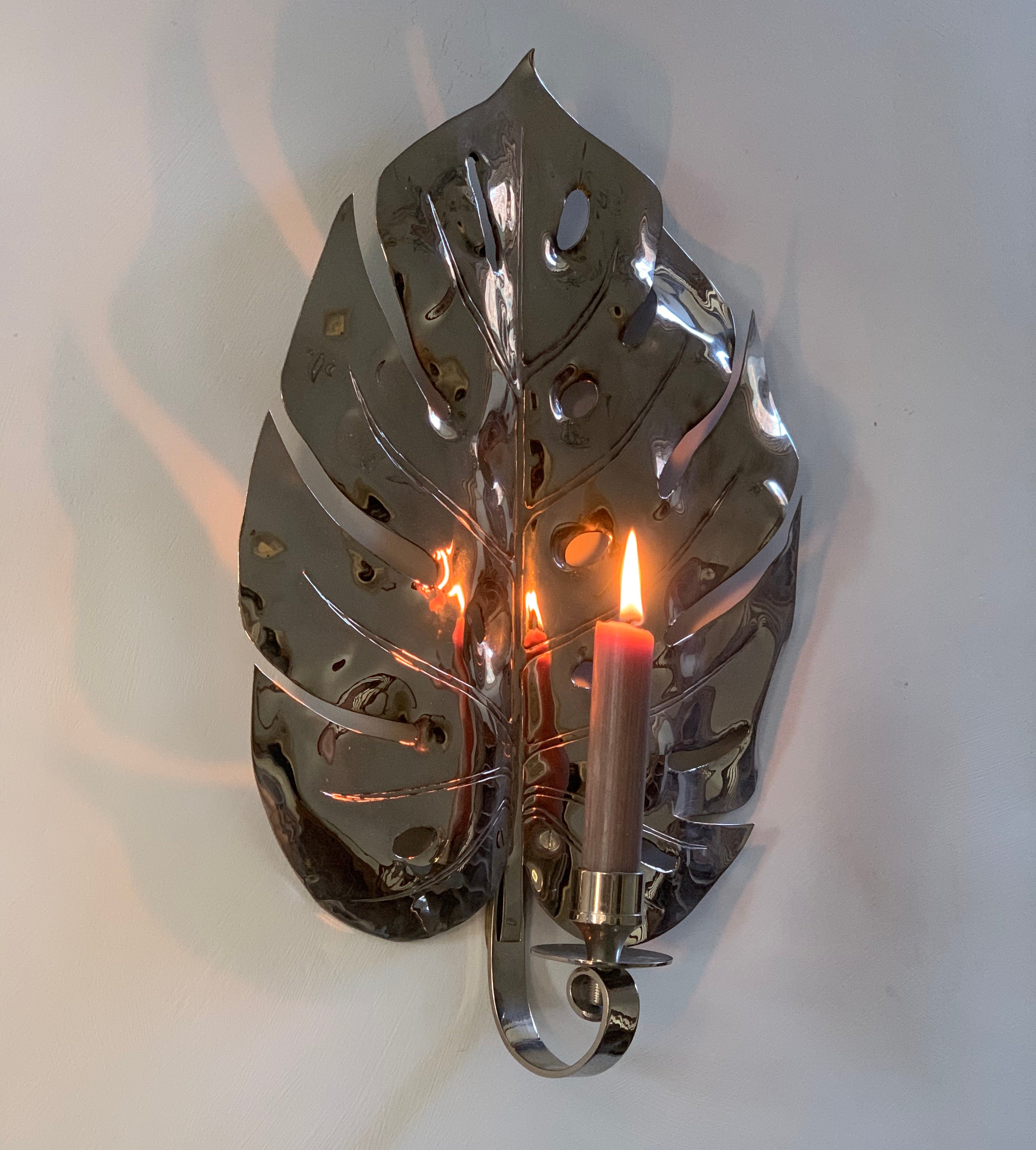 SALE 38cm Nickel Monstera Leaf, Candle Holder