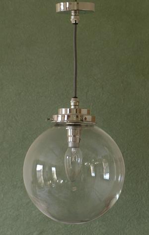 8 inch Clear Deco Globe Pendant, Nickel Plated Fittings