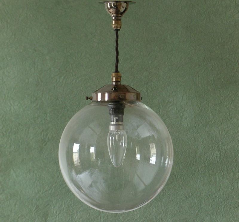 8 inch Clear Globe Traditional Pendant, Aged Brass.