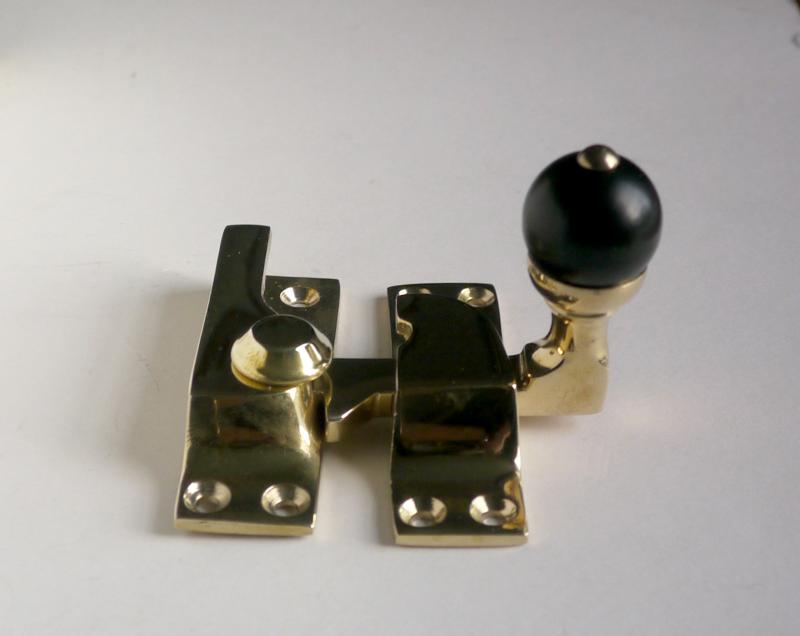 Sash Window Catch Fastener with Black China Ball Knob, Brass