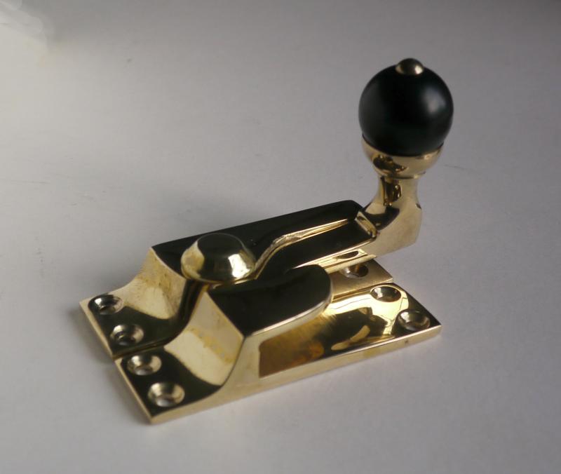 Sash Window Catch Fastener with Black China Ball Knob, Brass