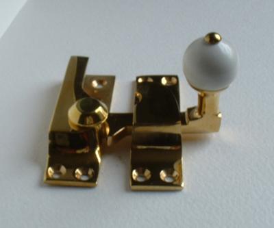 Sash Window Catch Fastener with White China Ball Knob, Brass