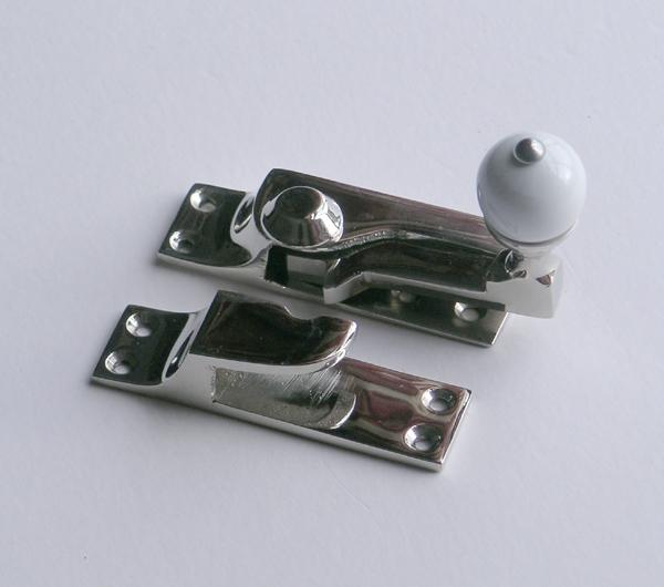 Sash Window Catch Fastener with White China Ball Knob, Nickel