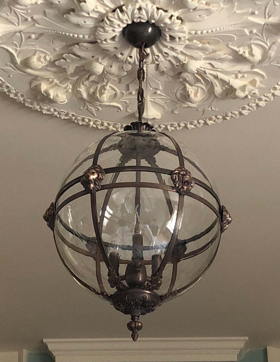 Large Brass Framed Globe Lantern with Lion Heads