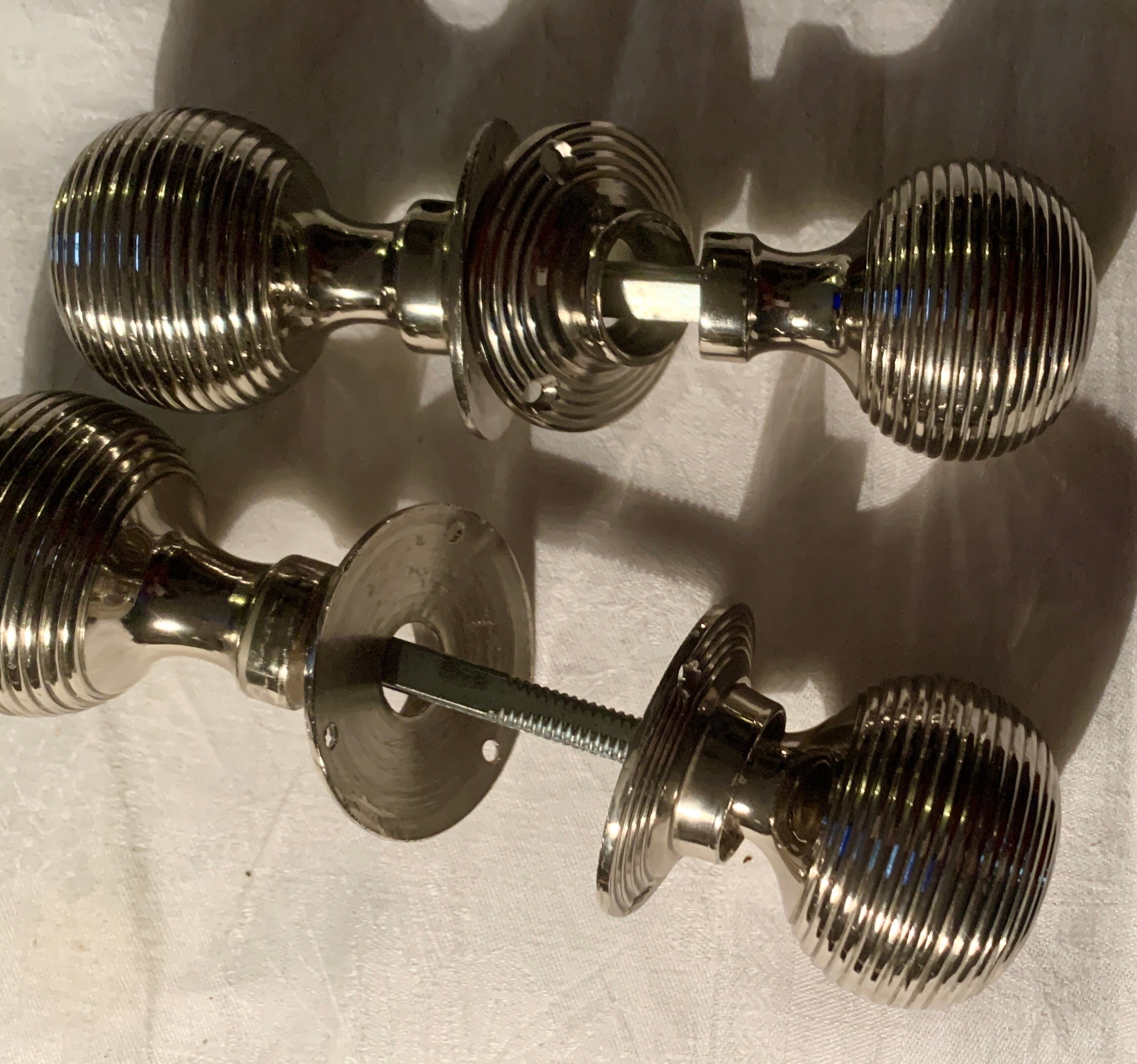 Beehive door handle set, polished nickel REDUCED TO CLEAR