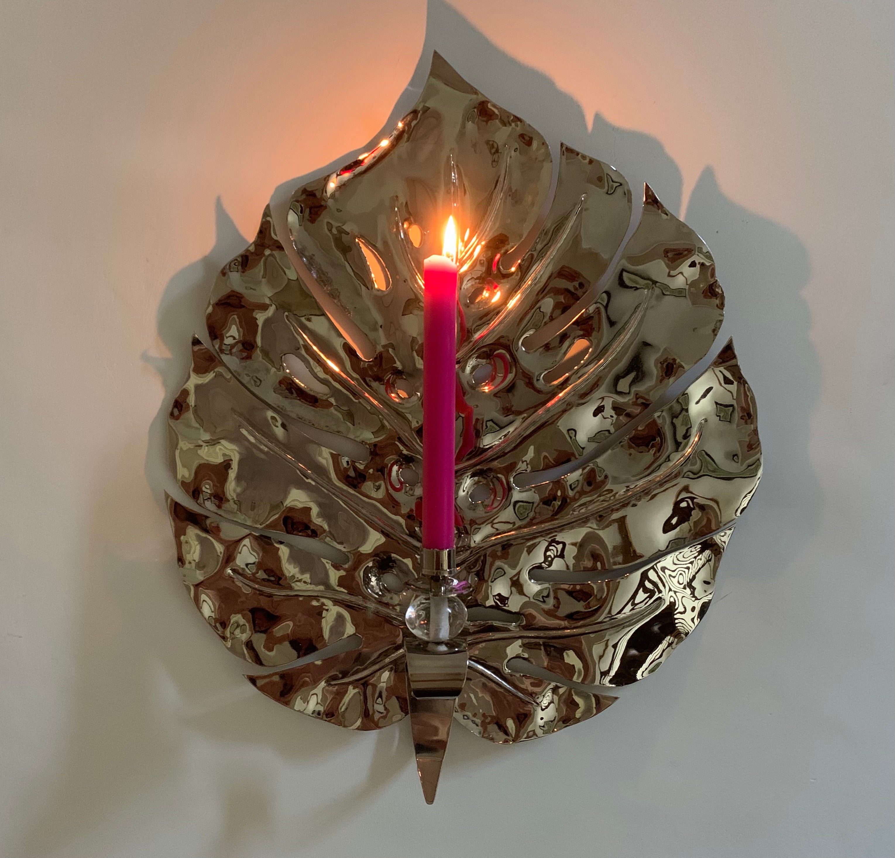SALE EX-DISPLAY 56cm Nickel Monstera Leaf  Candle Holder