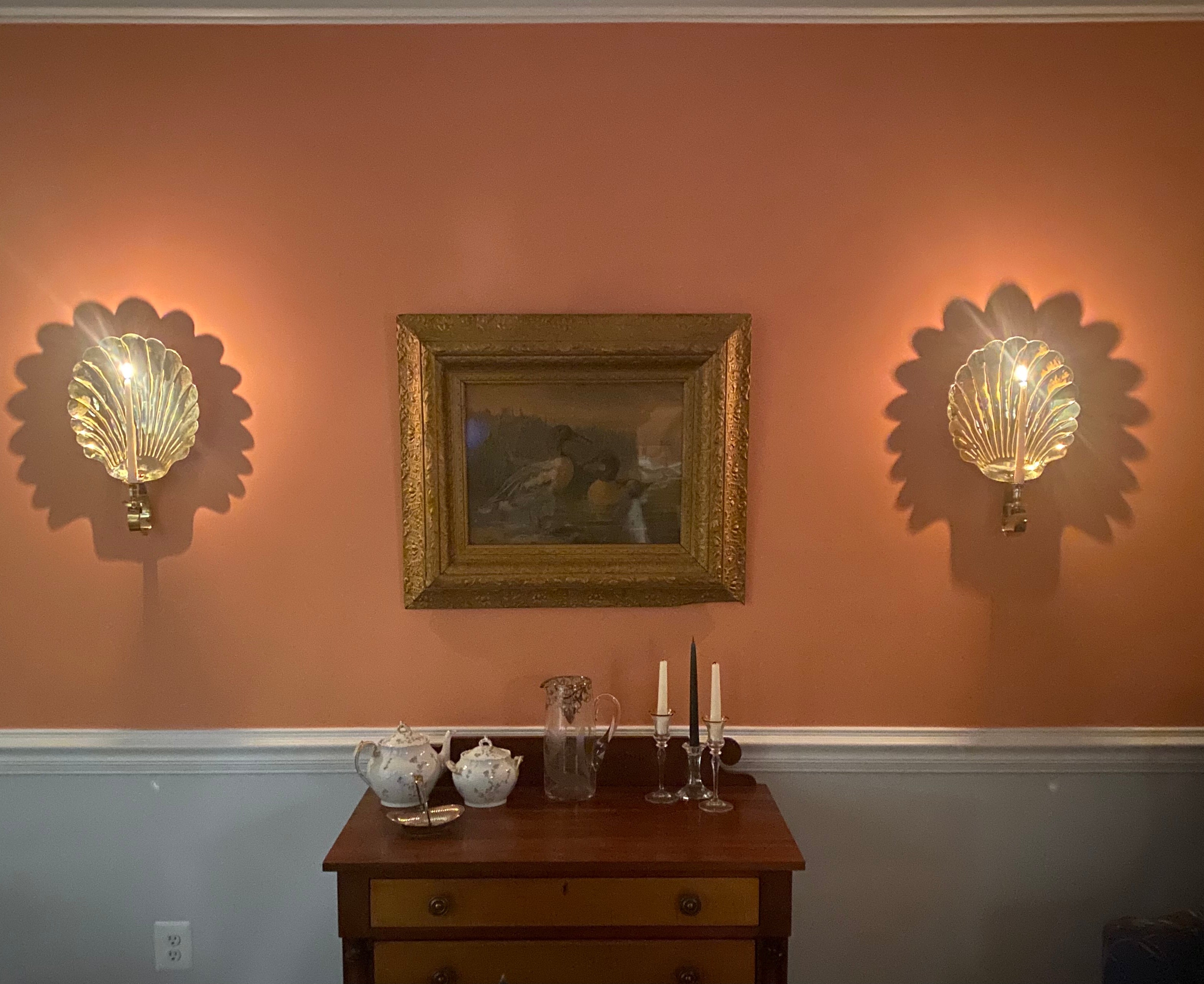 OFFER Pair Extra-Large Scallop Candle Sconces, long strap, brass