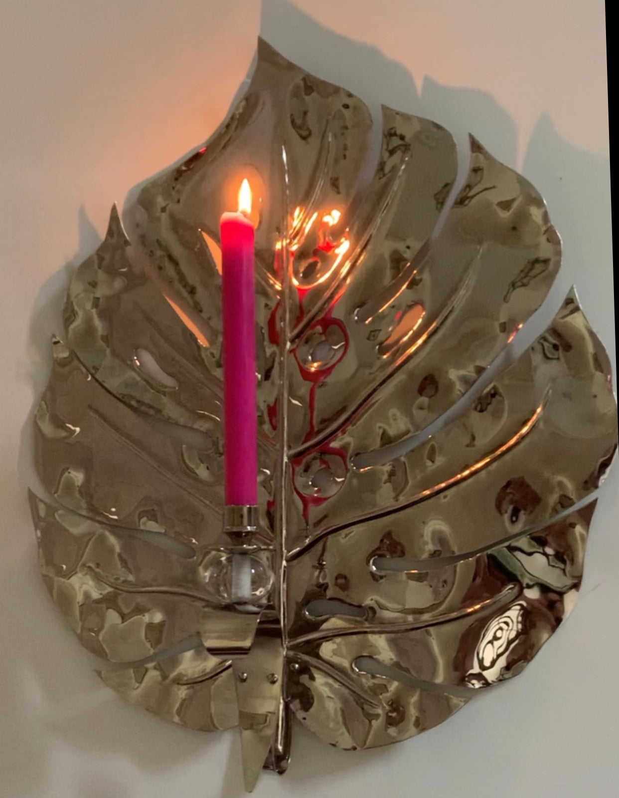 SALE EX-DISPLAY 56cm Nickel Monstera Leaf  Candle Holder