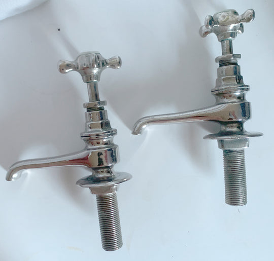 Pair long-nosed Edwardian basin taps with Gothic china "Hot" & "Cold"