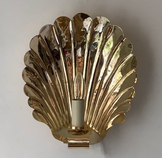Large Electric Scallop wall sconce with "Curling Wave" bracket, BRASS