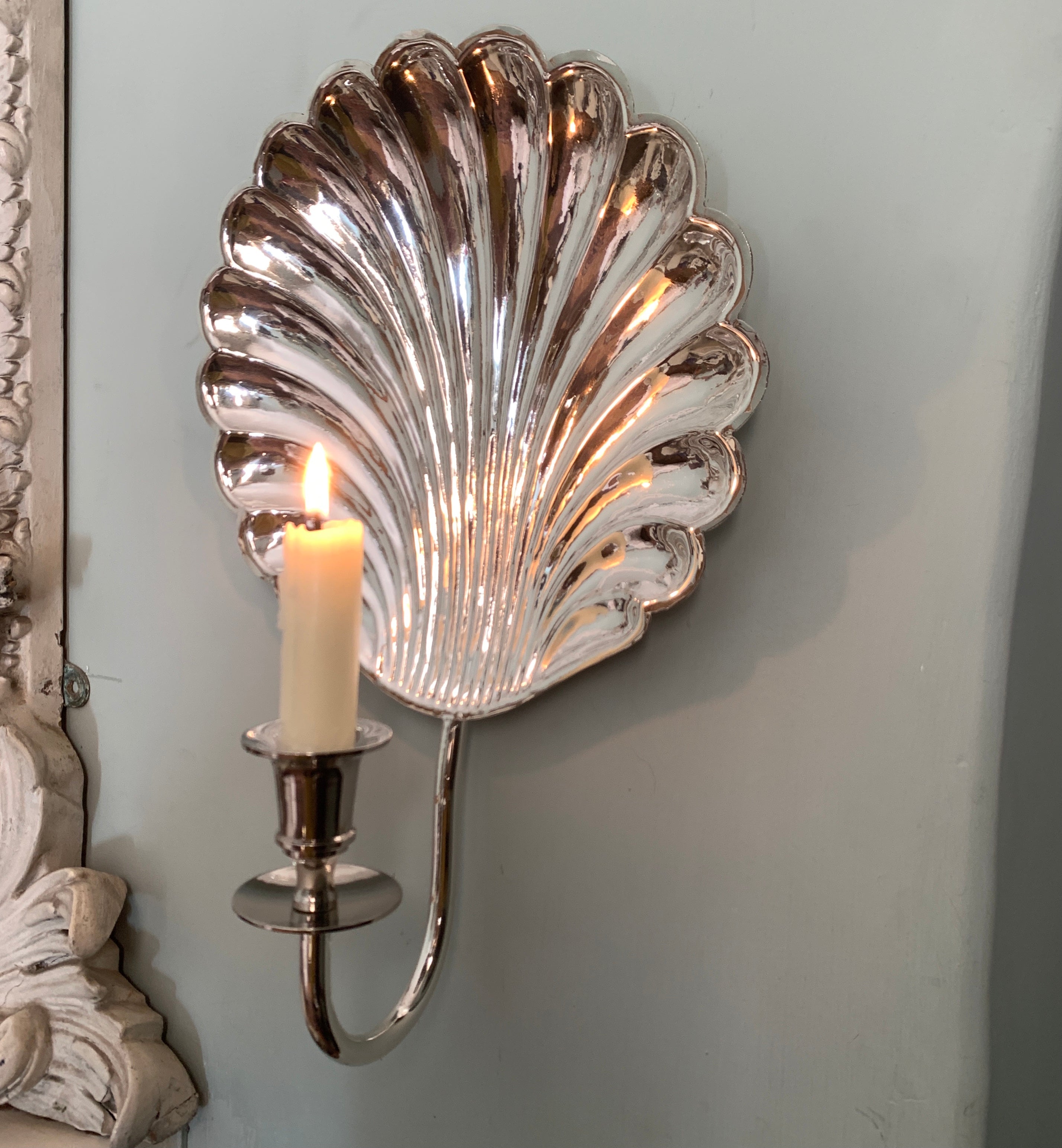 Flat shell candle sconce, silver plate