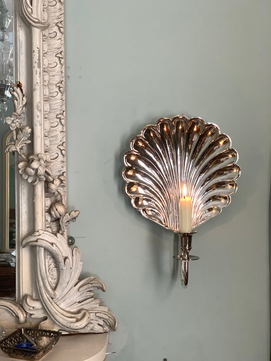 Flat shell candle sconce, silver plate