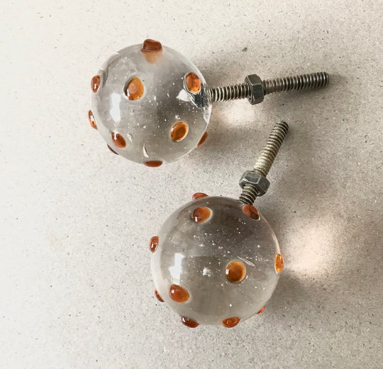 Lolipop knobs clear/orange dots  PAIR
