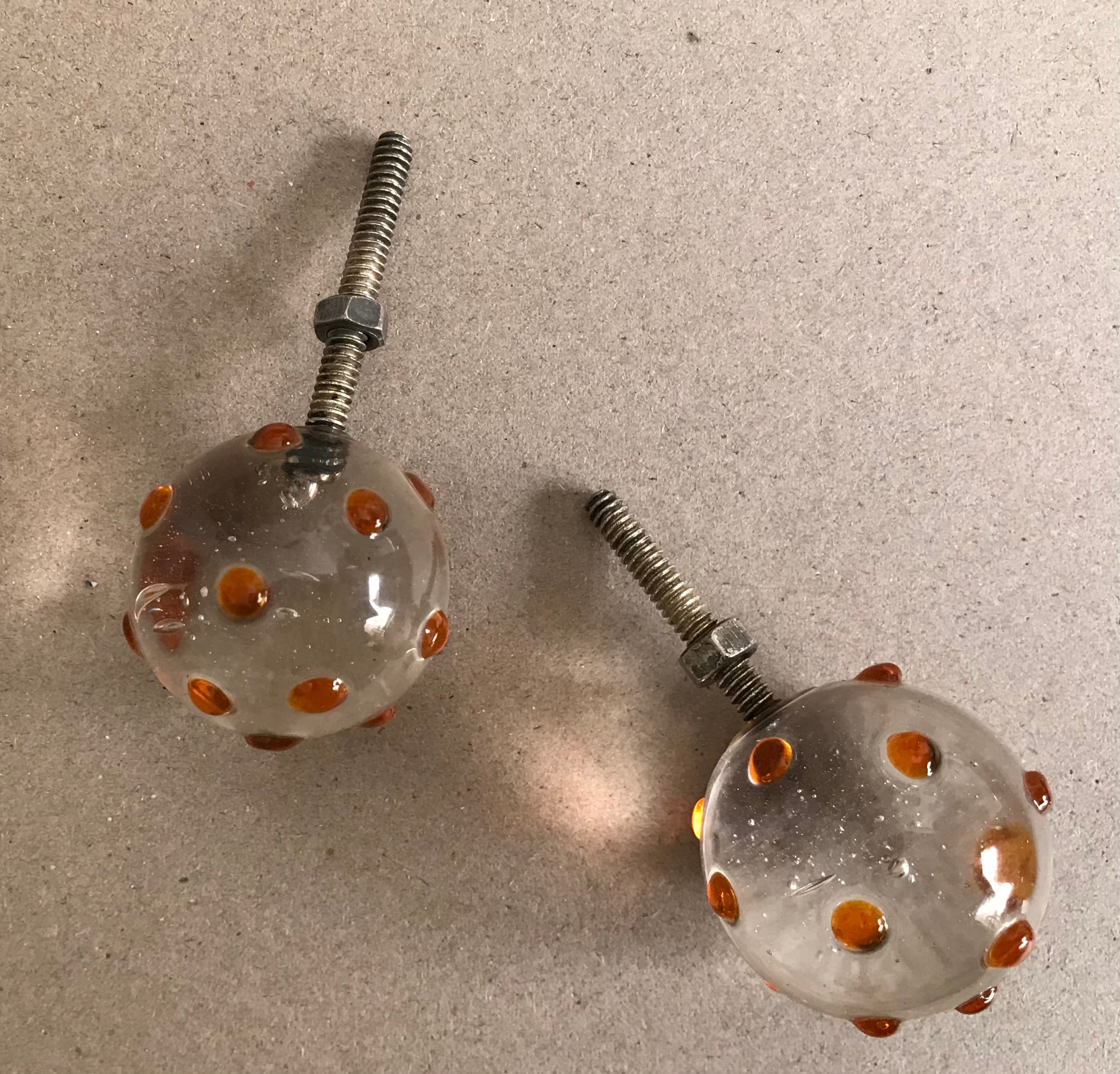 Lolipop knobs clear/orange dots  PAIR