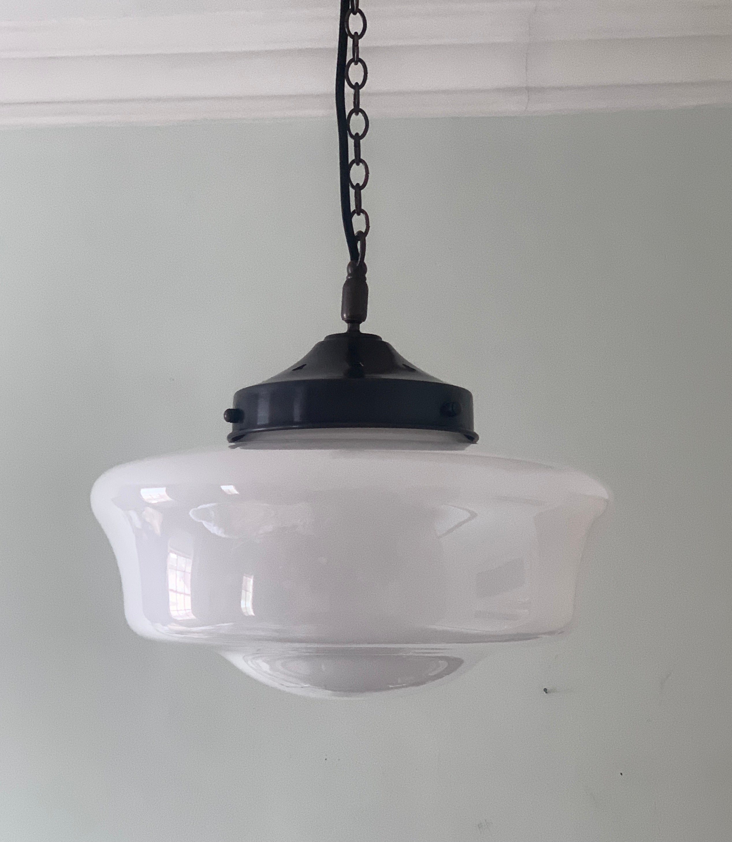 Utility pendant with traditional gallery, antique bronze finish and opal glass
