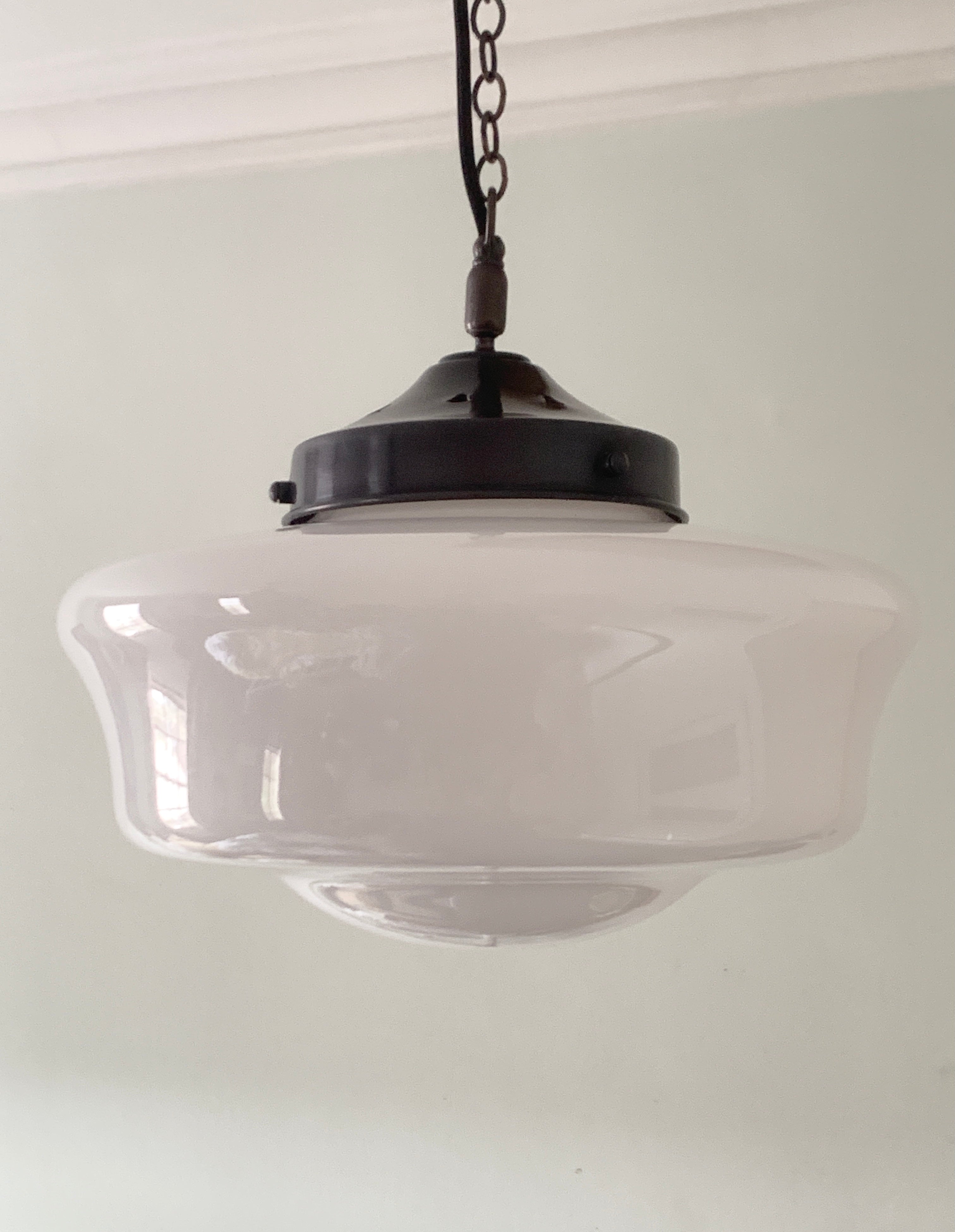 Utility pendant with traditional gallery, antique bronze finish and opal glass