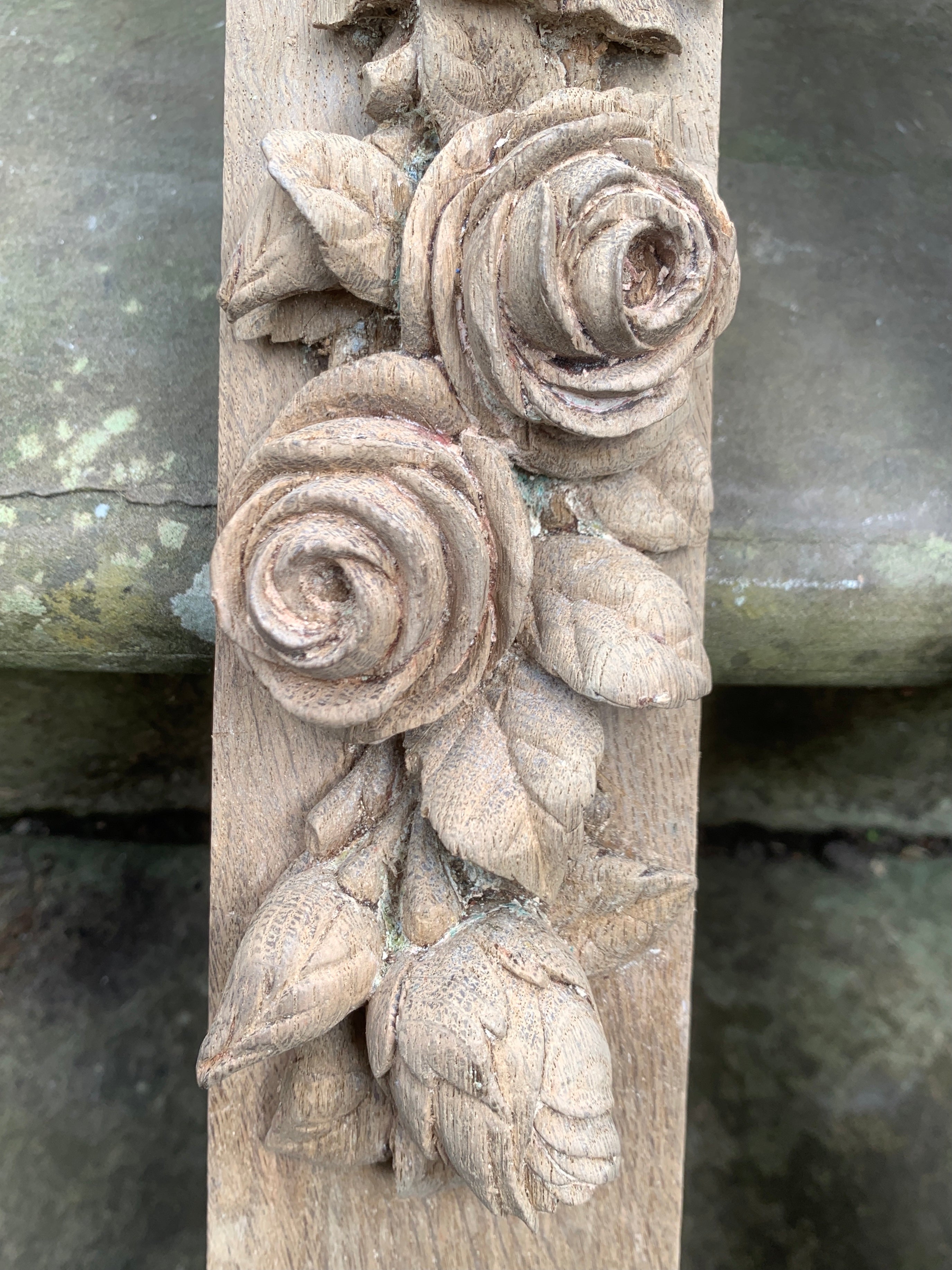Pair of antique carved oak dcorations  with fruit and flowers.