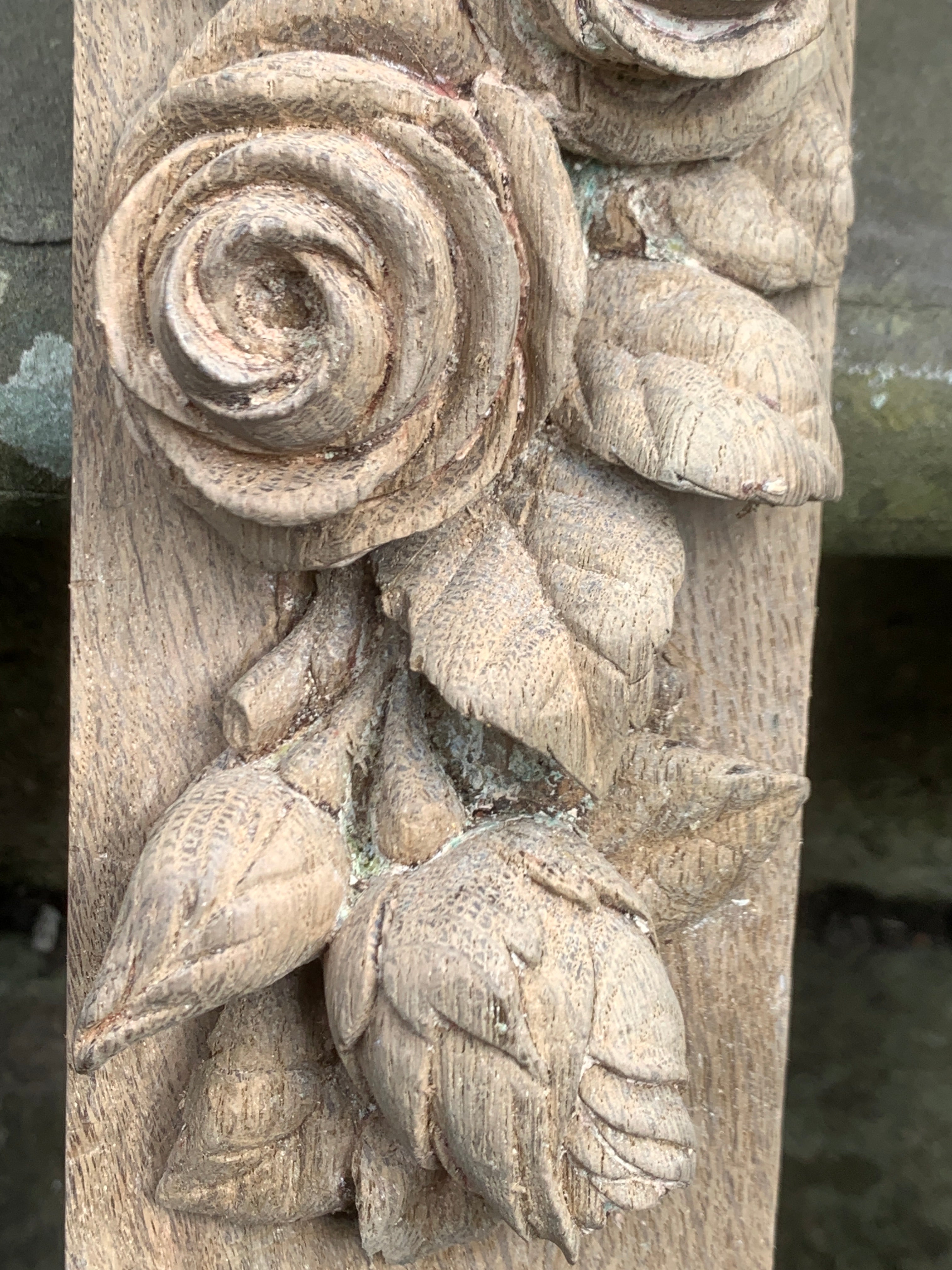 Pair of antique carved oak dcorations  with fruit and flowers.