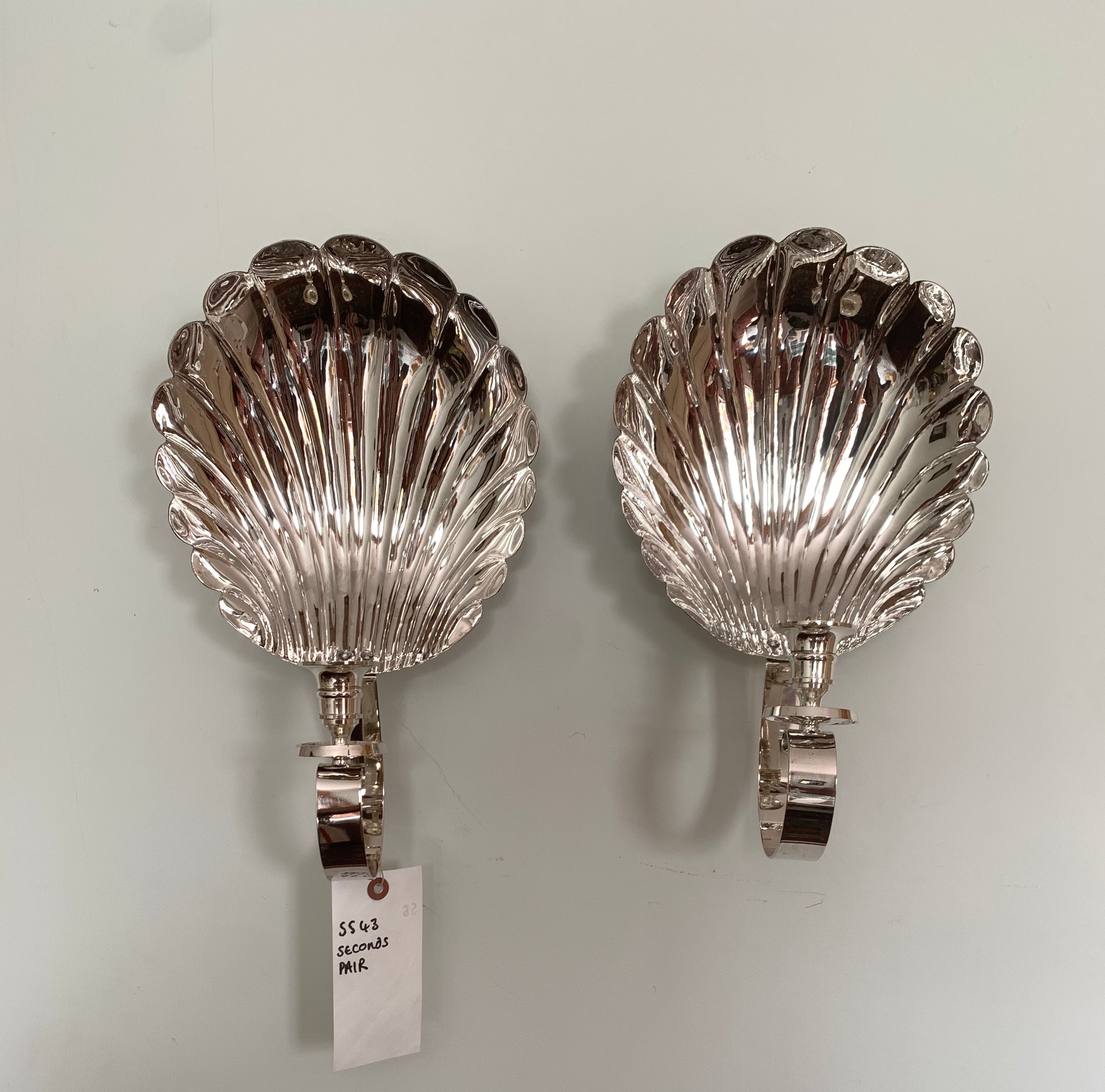 Slightly imperfect PAIR silver-plated scallop sconces SS48
