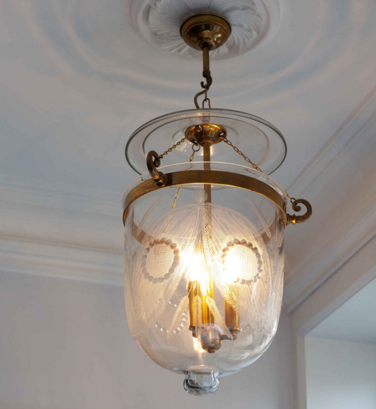 Large Cut-Glass Hundi Lantern with flowers and grasses pattern, 31 cm, Unlacquered brass