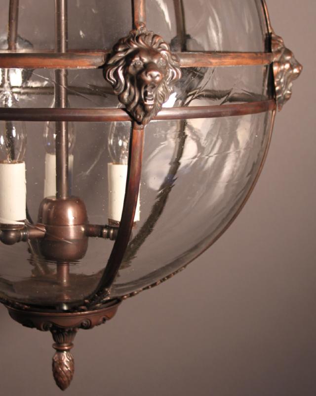 Large Brass Framed Globe Lantern with Lion Heads/ REAMY