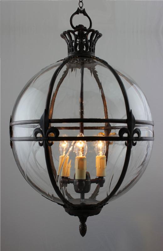 Large Brass Framed Globe Lantern with Fleur de Lys