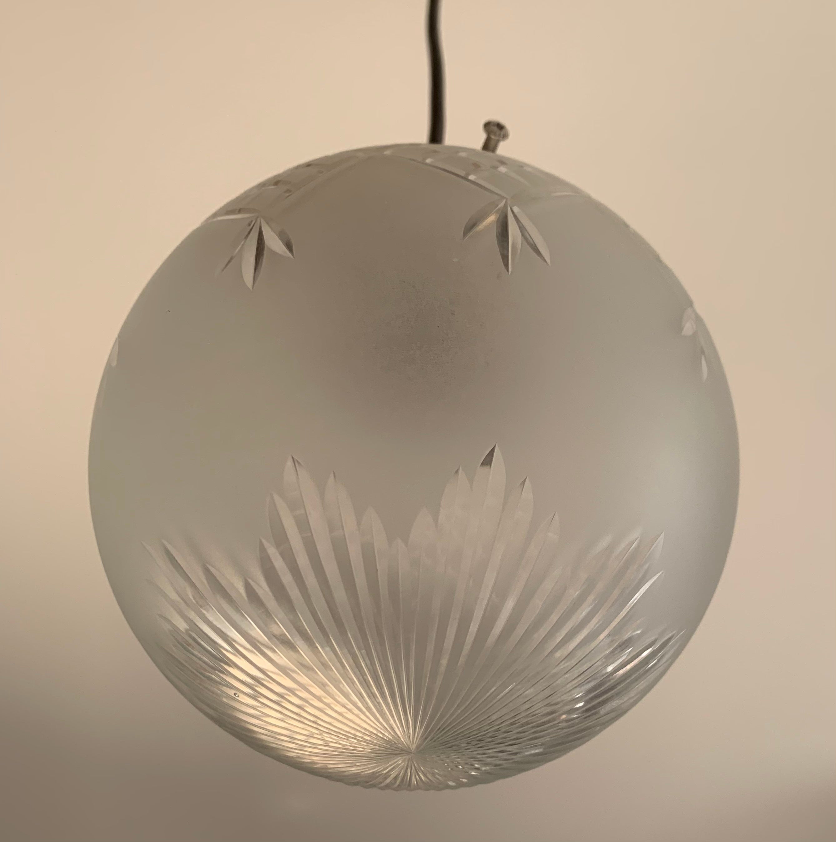 6 inch Globe Pendant Frosted Cut Glass, Chrome Metal