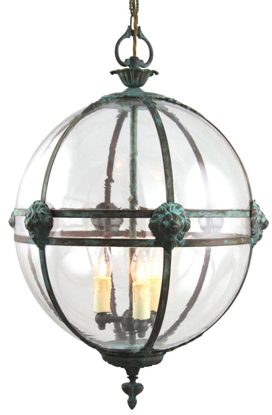 Large Brass Framed Globe Lantern with Lion Heads, Verdigris