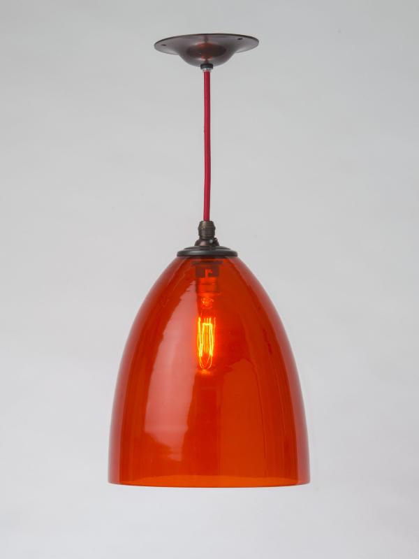 Hand Blown Bell Pendant with Burnt Orange glass, 8 inch Diameter