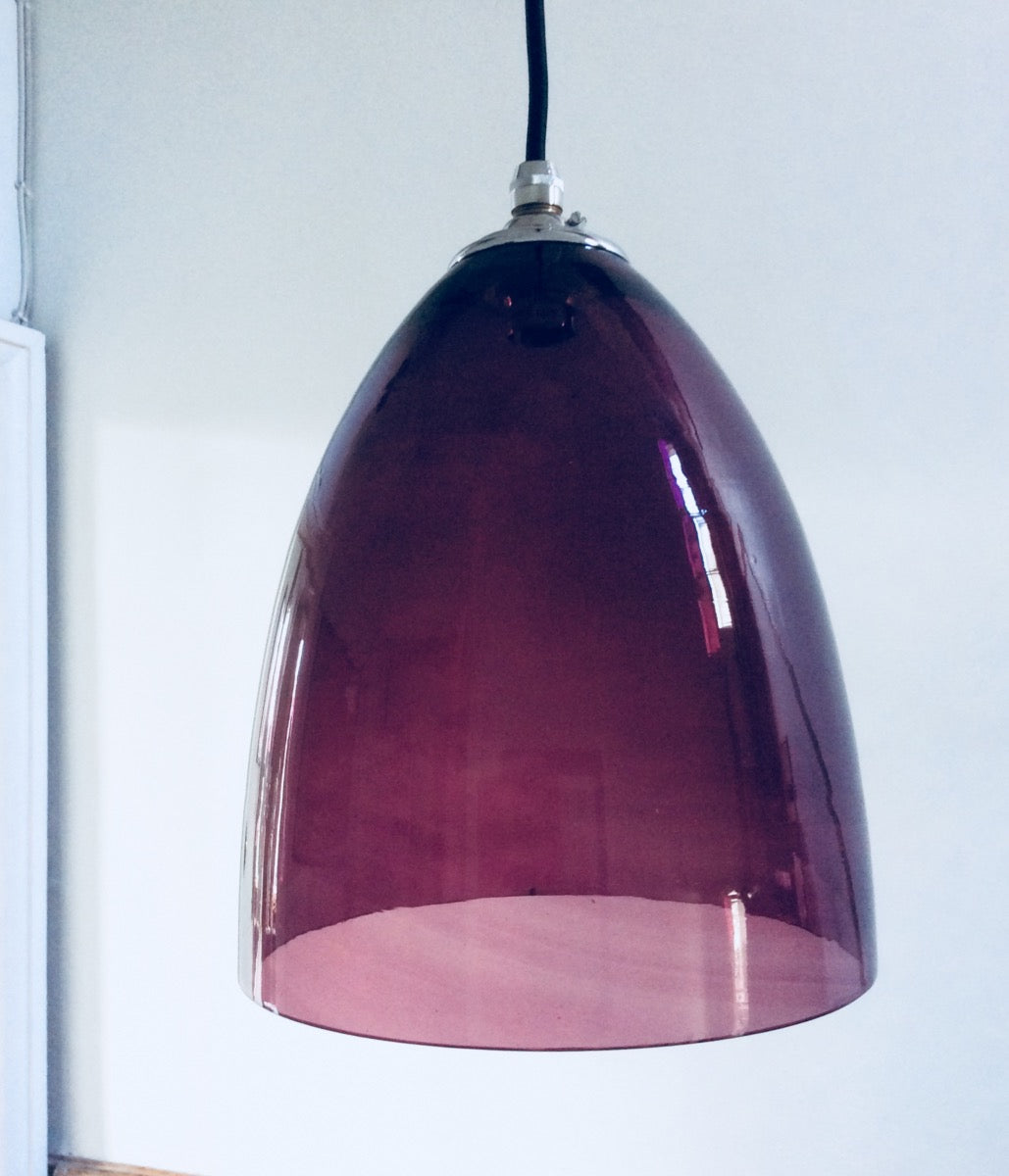 Hand Blown Bell Pendant with Aubergine Glass and Black Flex, 8 inch Diameter