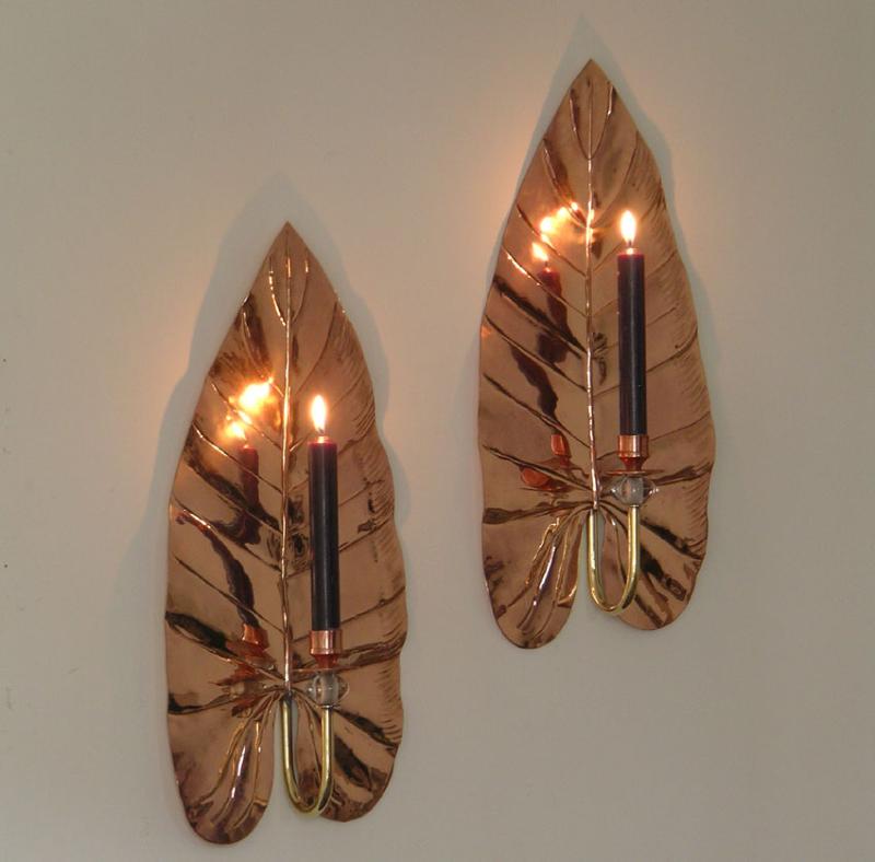 Offer! Pair Philodendron Leaf Sconces Copper