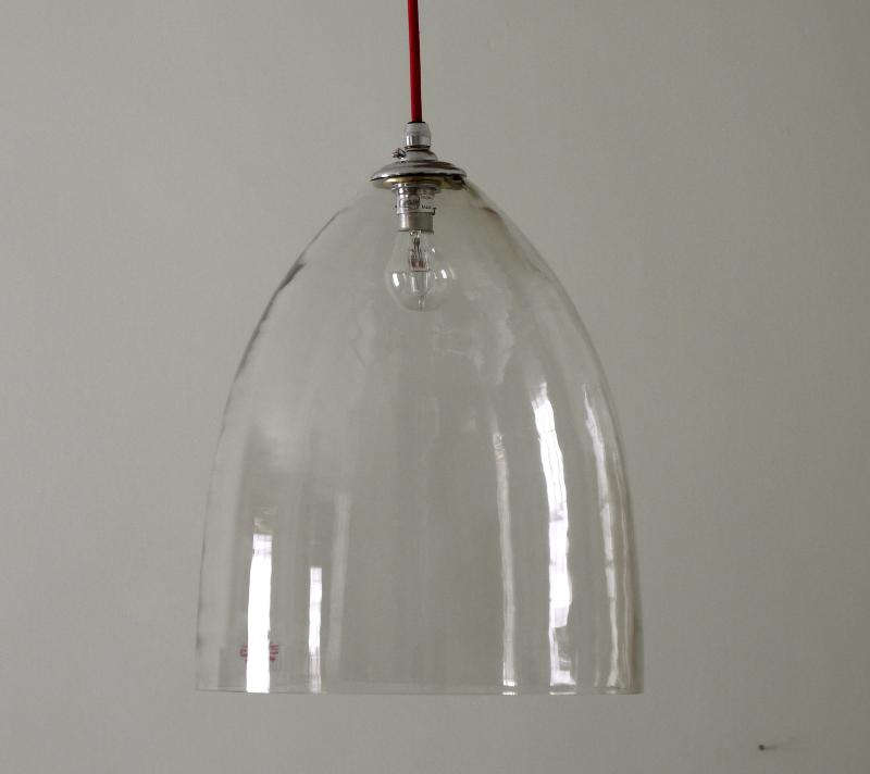 SALE Hand Blown Clear Glass Bell Pendant with Red Flex , 10.5 inch Diameter