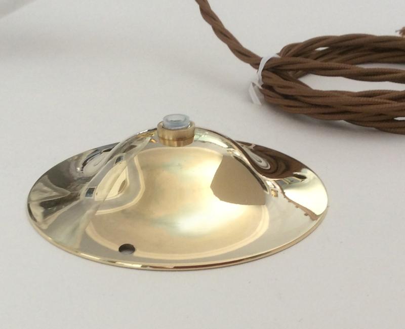 Hand Blown Bell Pendant with Clear Glass, Polished Brass Fittings and Bronze Flex , 10.5 inch Diam.
