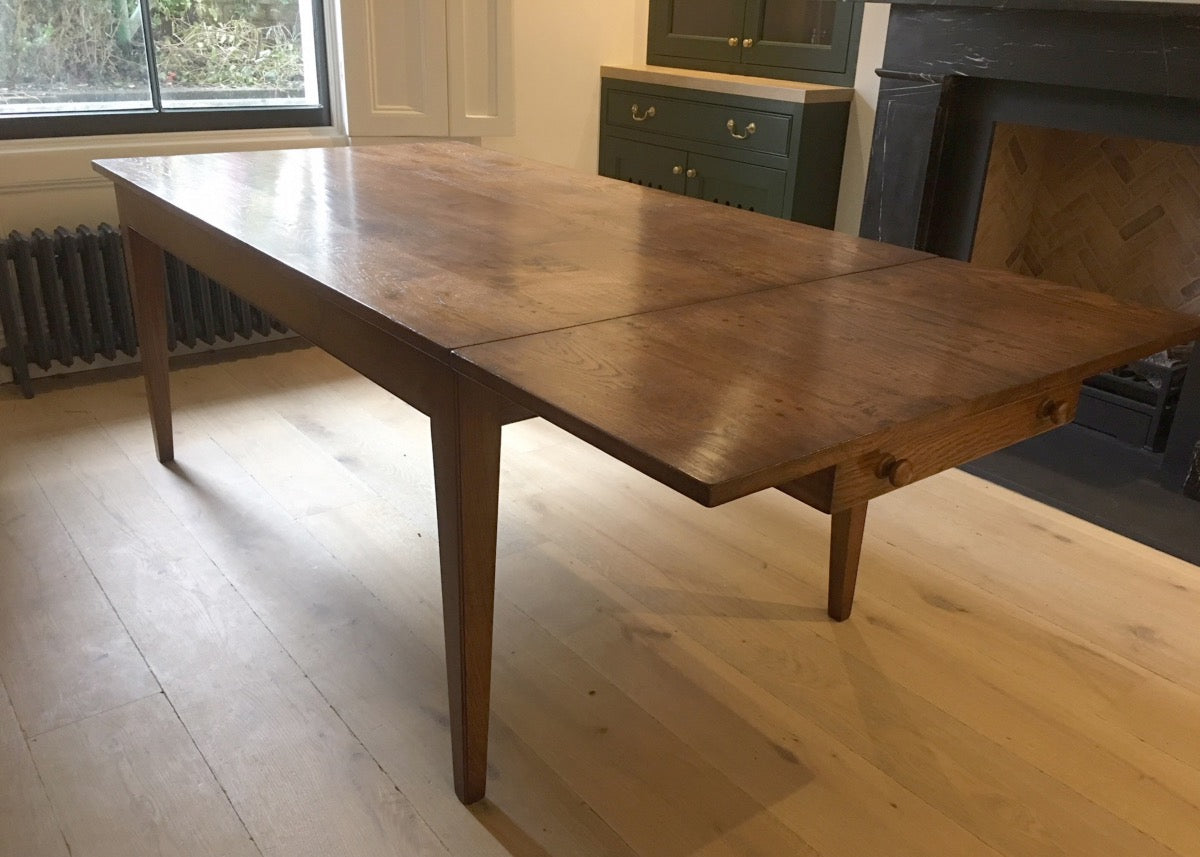 French Farmhouse Style Oak table, wider, with self storing extension and drawer