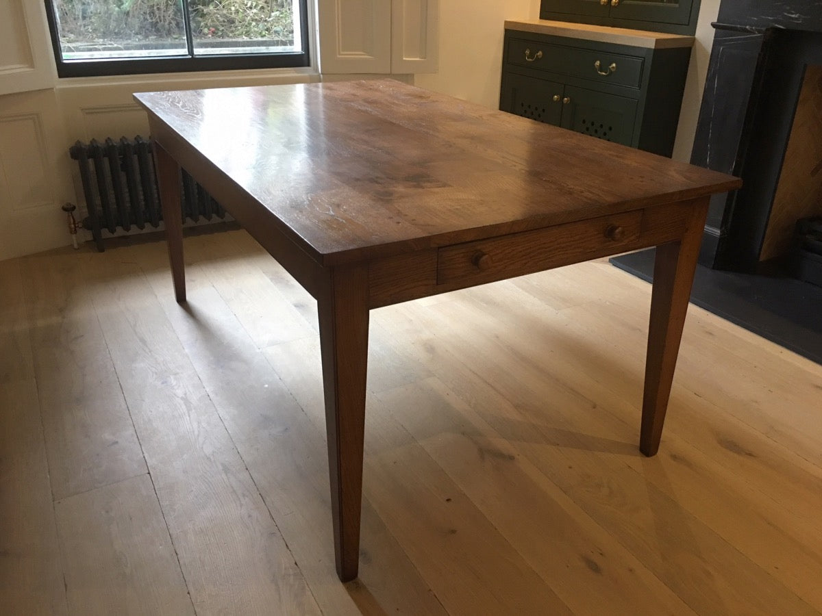 French Farmhouse Style Oak table, wider, with self storing extension and drawer