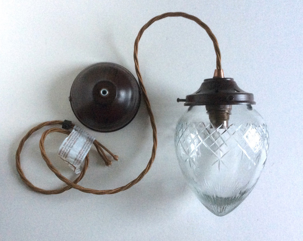Small Acorn with Clear Cut Glass, Antiqued Metal and Traditional Cable