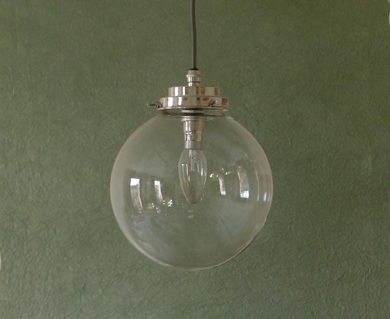 8 inch Clear Deco Globe Pendant, Nickel Plated Fittings