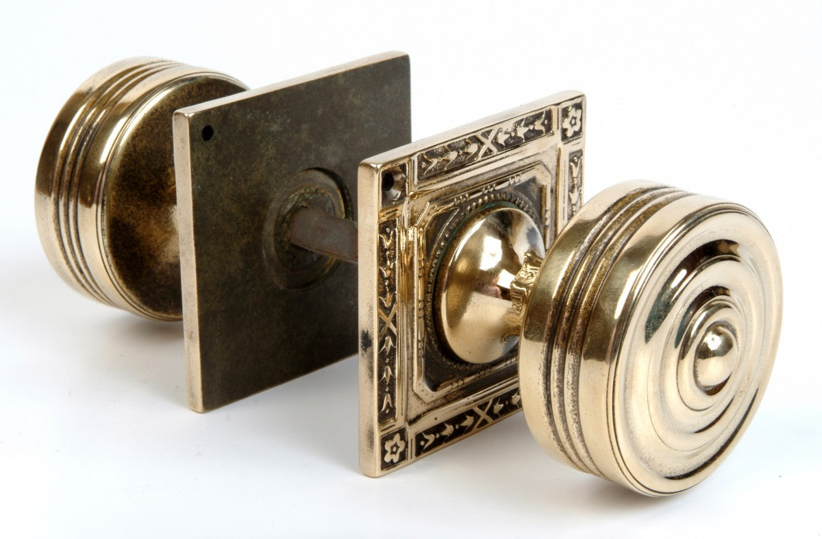 Decorative Brass Regency Handles with Square Backplates, Mortice