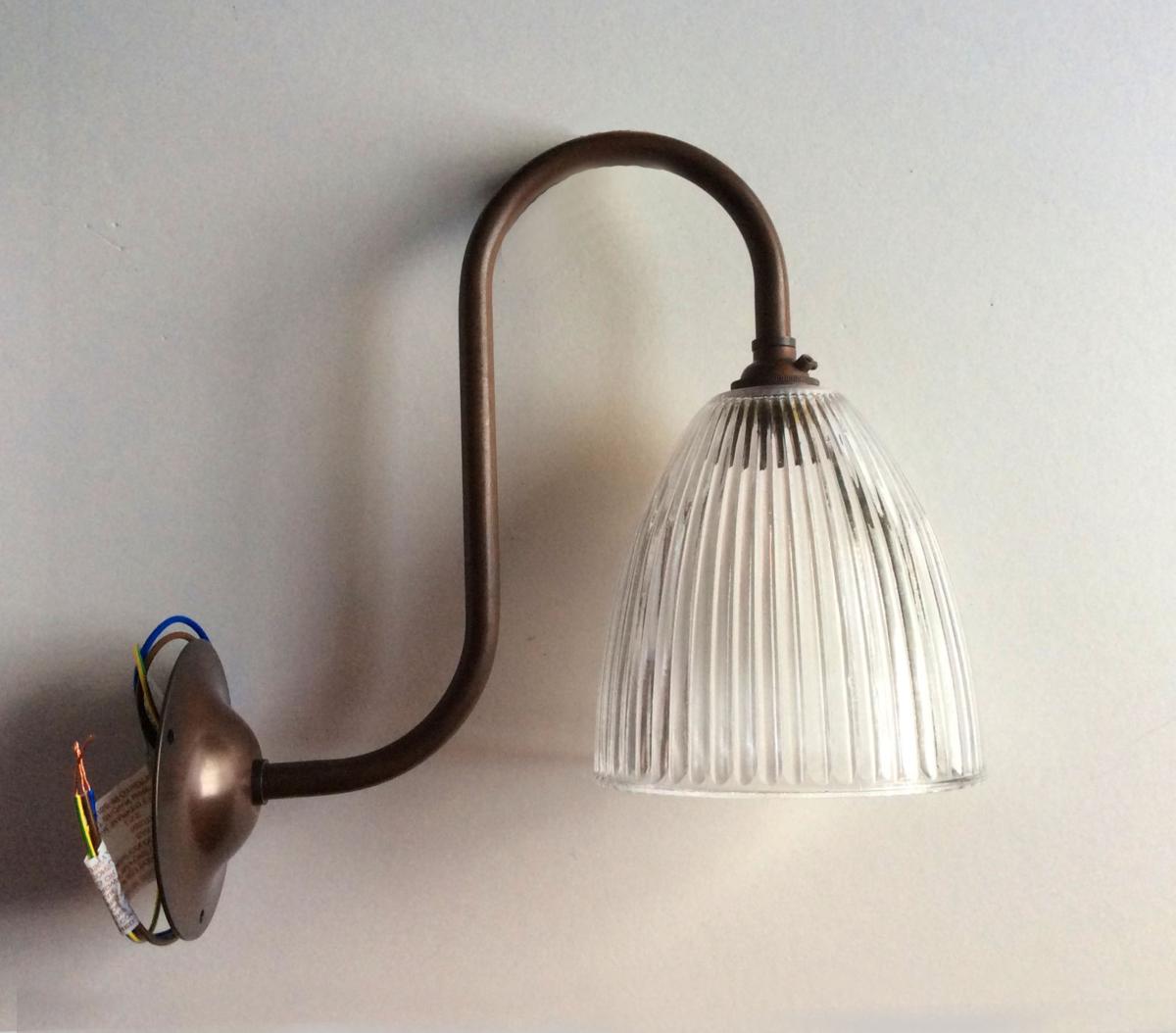Aged Bronze Finish Swan Neck Wall Light with Ribbed Bell Shade